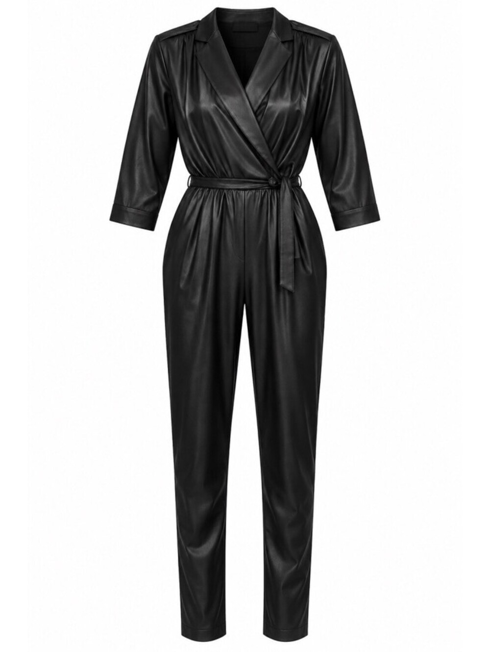 Black Faux Leather Wrap Jumpsuit